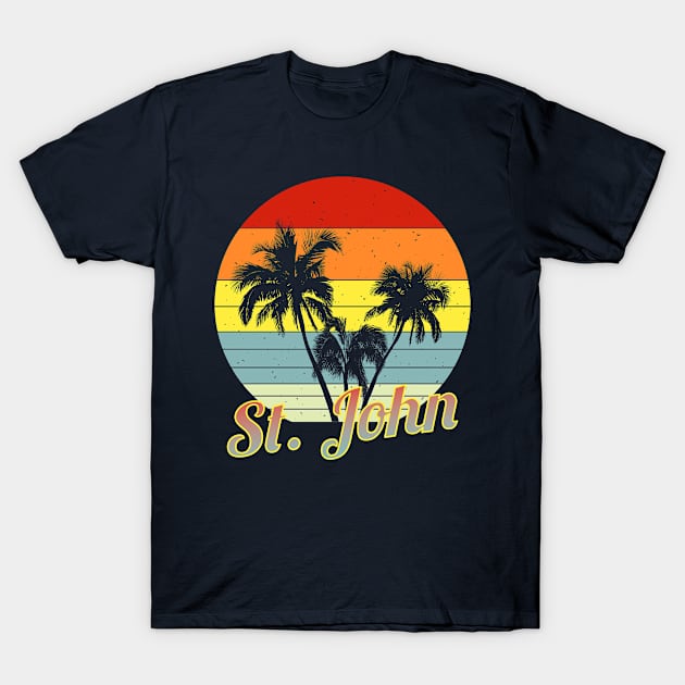 St. John Retro Tropical Palm Trees Vacation T-Shirt by macdonaldcreativestudios